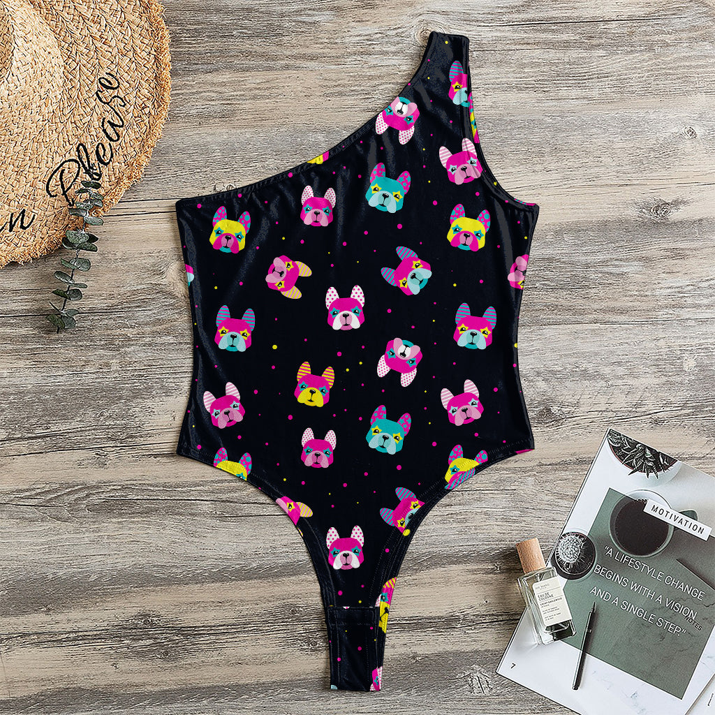 Colorful French Bulldog Print One Shoulder Bodysuit