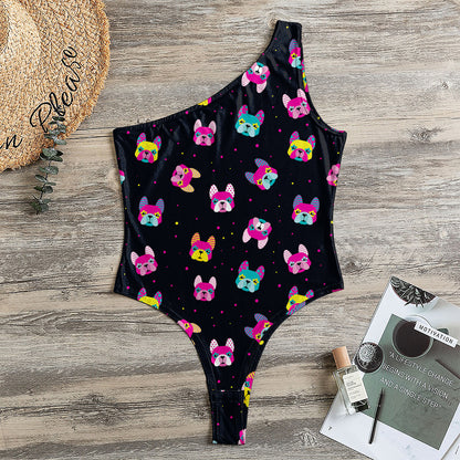 Colorful French Bulldog Print One Shoulder Bodysuit