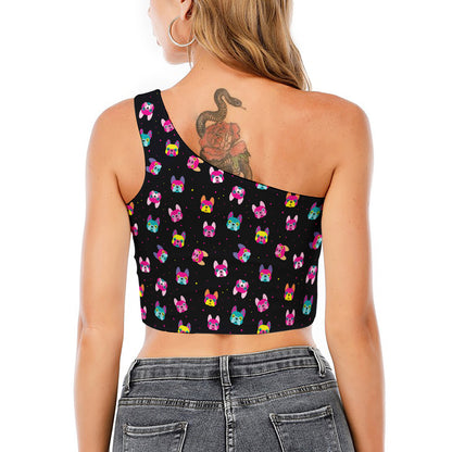 Colorful French Bulldog Print One Shoulder Crop Top