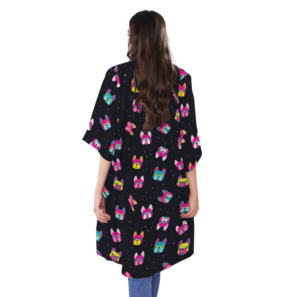 Colorful French Bulldog Print Open Front Beach Cover Up