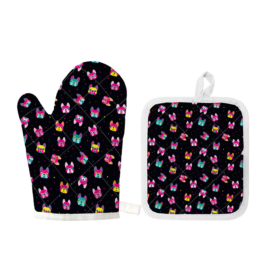 Colorful French Bulldog Print Oven Mitt And Pot Holder Set