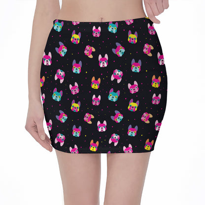 Colorful French Bulldog Print Pencil Mini Skirt