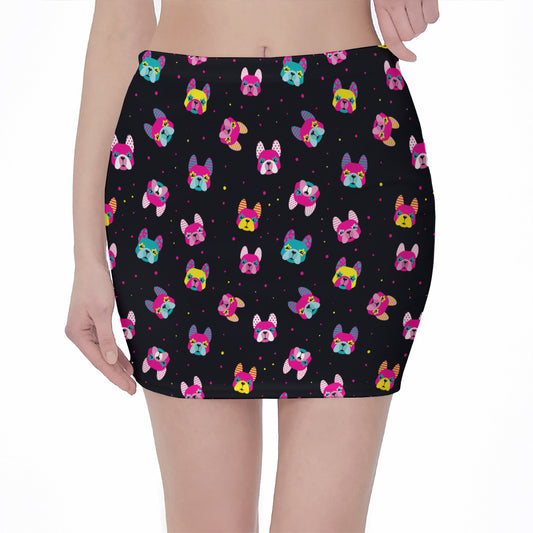 Colorful French Bulldog Print Pencil Mini Skirt