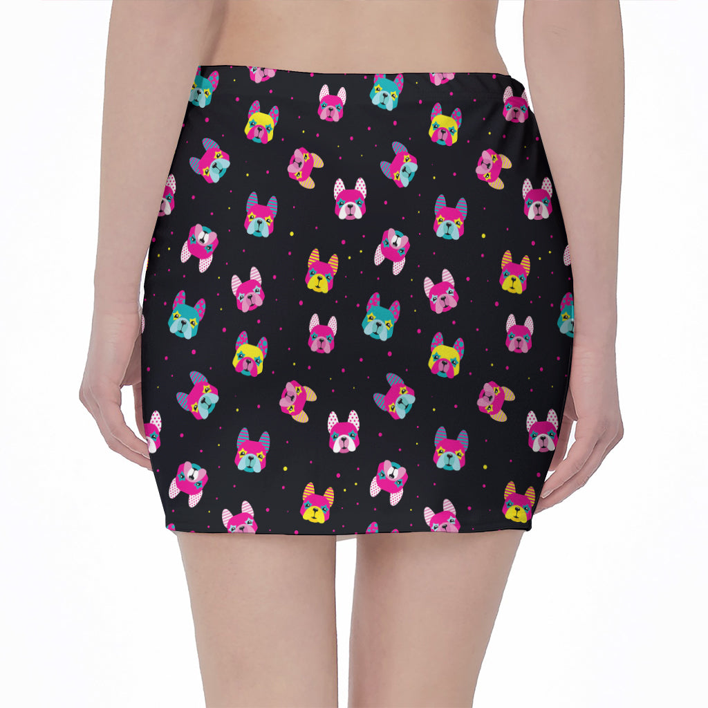 Colorful French Bulldog Print Pencil Mini Skirt
