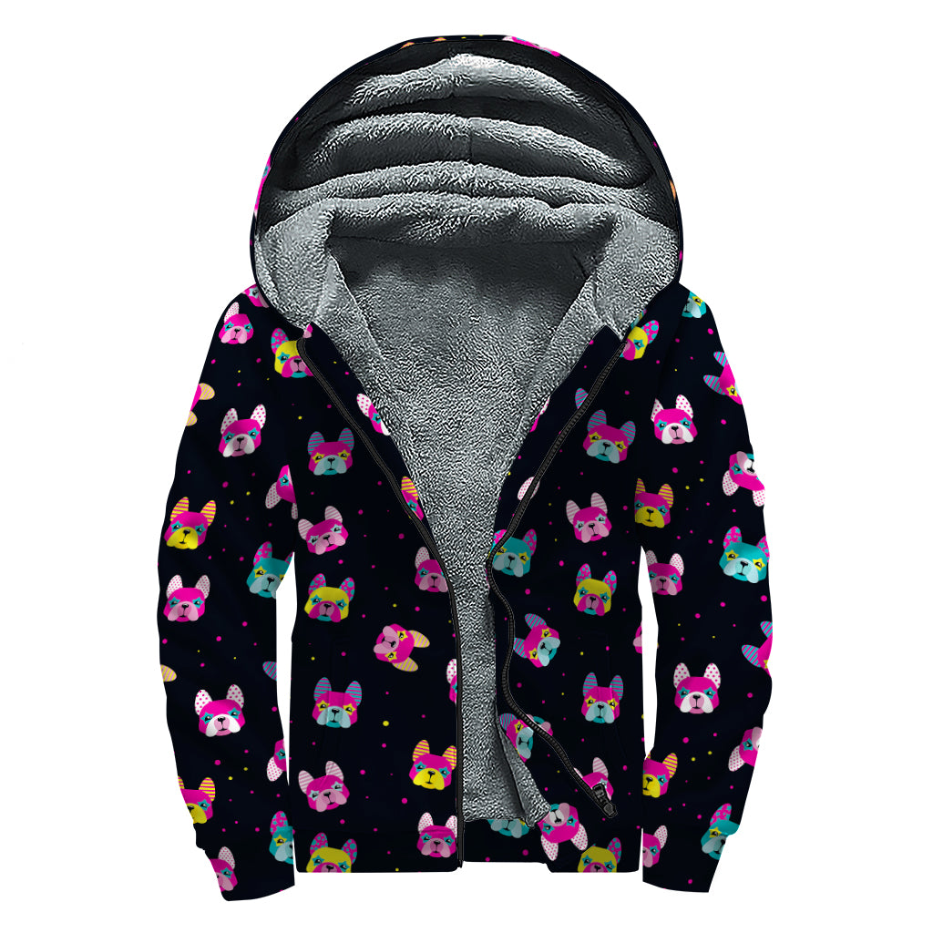 Colorful French Bulldog Print Sherpa Lined Zip Up Hoodie