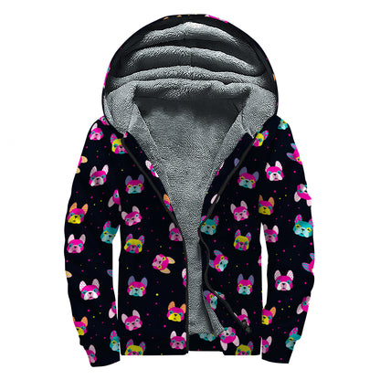 Colorful French Bulldog Print Sherpa Lined Zip Up Hoodie