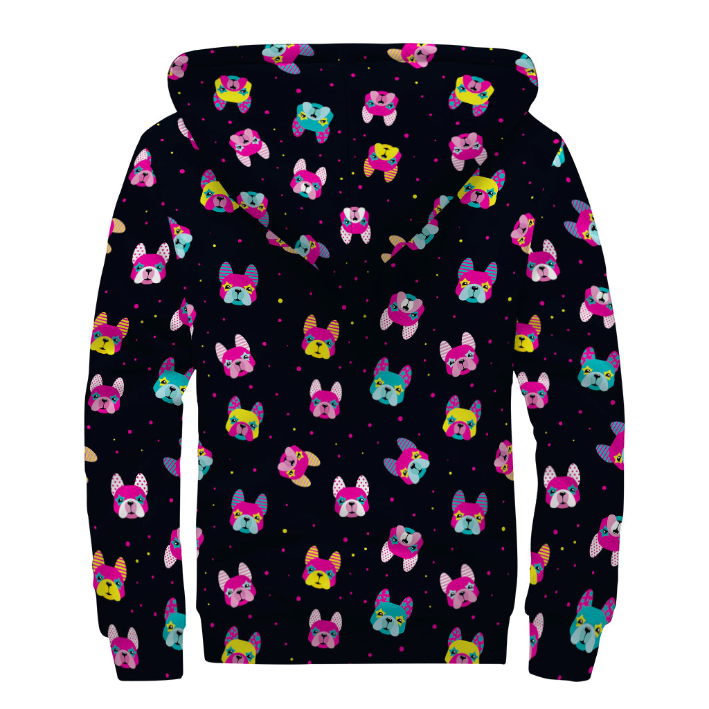 Colorful French Bulldog Print Sherpa Lined Zip Up Hoodie