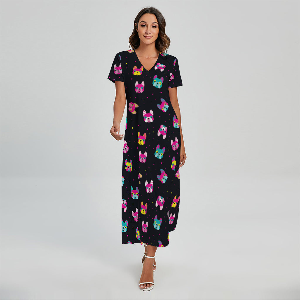 Colorful French Bulldog Print Short Sleeve Maxi Dress