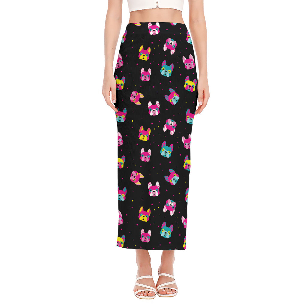 Colorful French Bulldog Print Side Slit Maxi Skirt