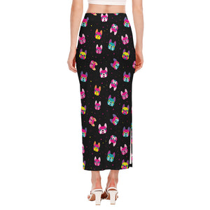 Colorful French Bulldog Print Side Slit Maxi Skirt