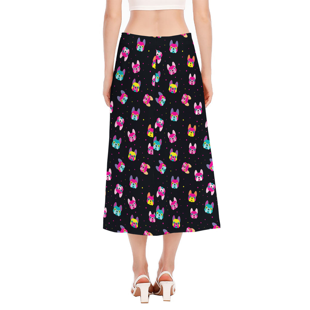 Colorful French Bulldog Print Side Slit Midi Skirt