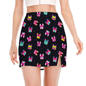 Colorful French Bulldog Print Side Slit Mini Skirt