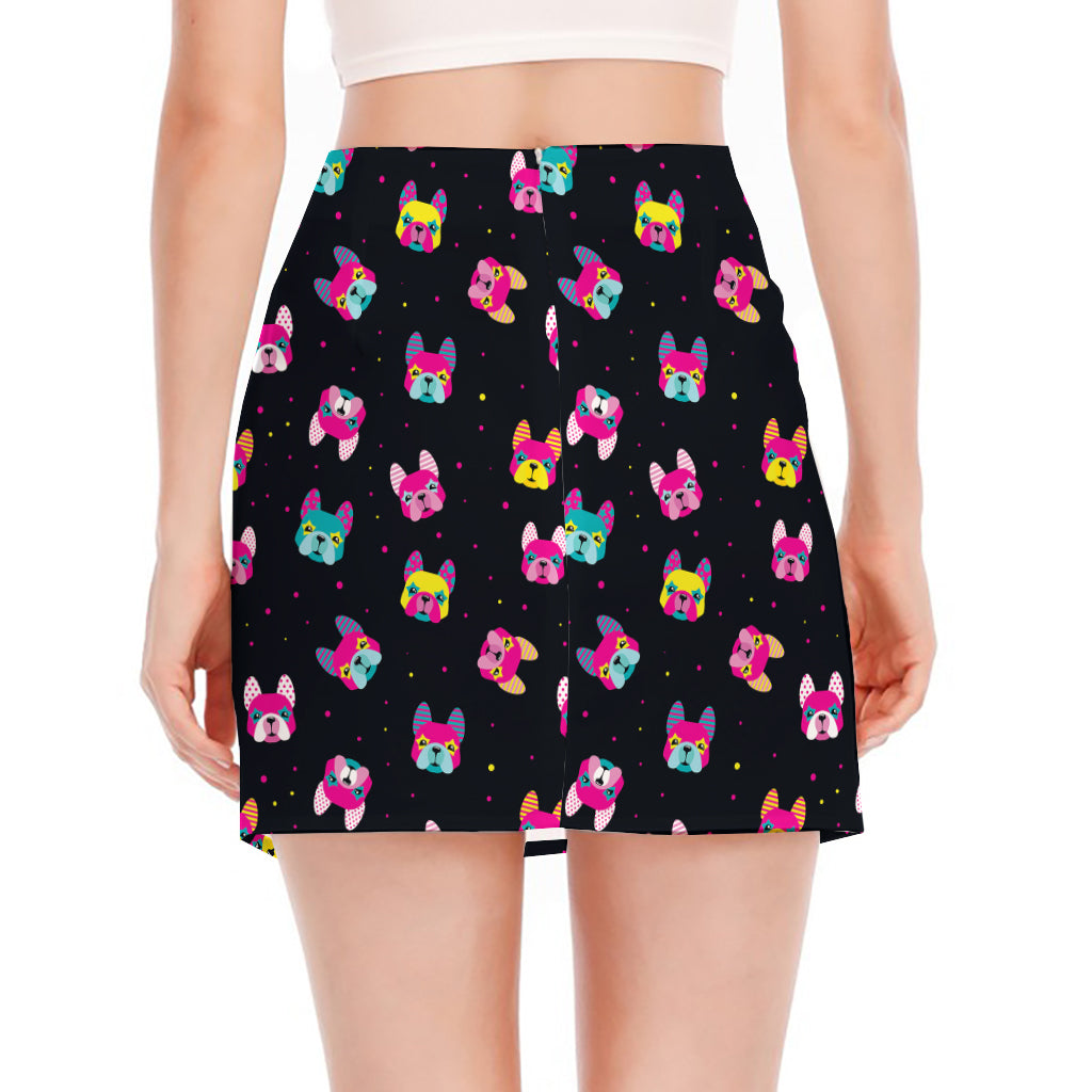 Colorful French Bulldog Print Side Slit Mini Skirt