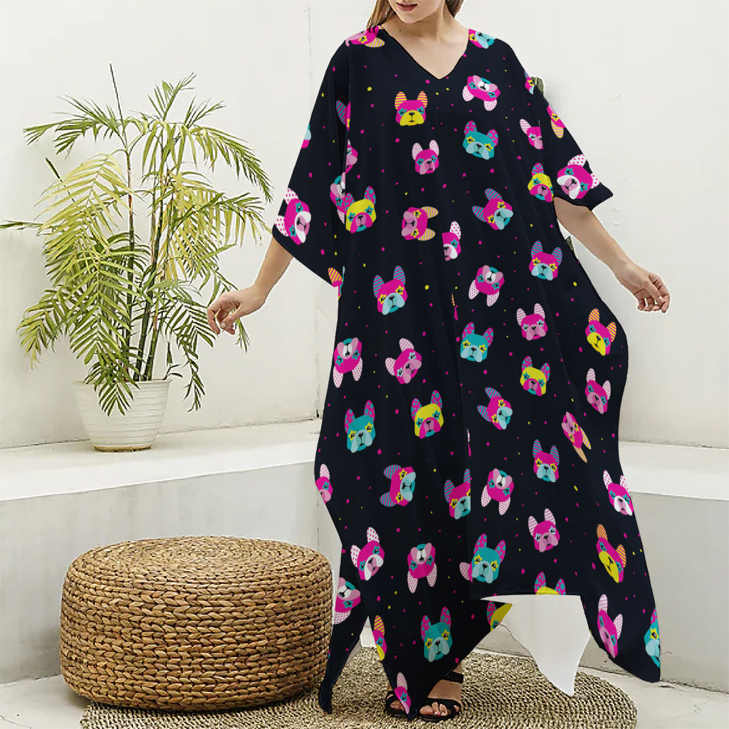 Colorful French Bulldog Print Silk V-Neck Kaftan Dress