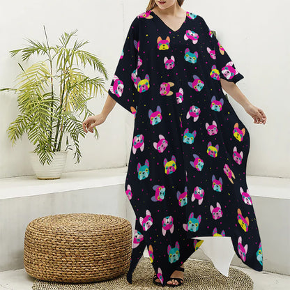 Colorful French Bulldog Print Silk V-Neck Kaftan Dress