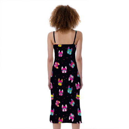 Colorful French Bulldog Print Slim Fit Midi Cami Dress