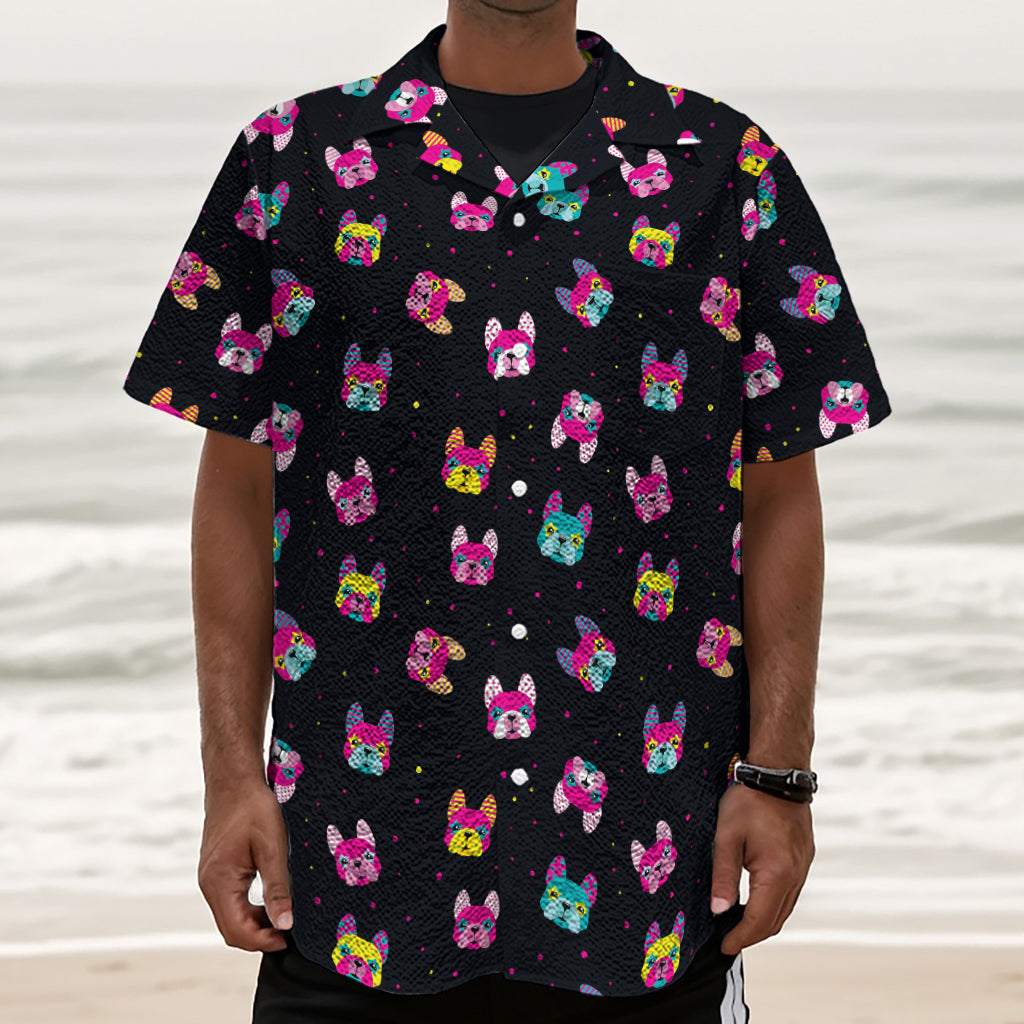 Colorful French Bulldog Print Textured Short Sleeve Shirt