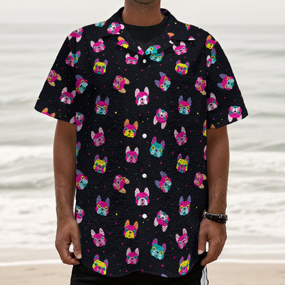 Colorful French Bulldog Print Textured Short Sleeve Shirt