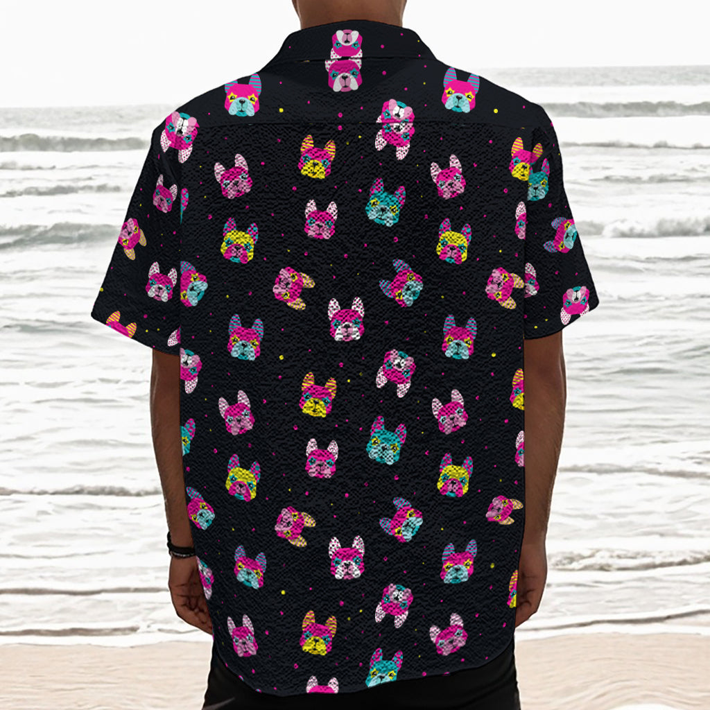 Colorful French Bulldog Print Textured Short Sleeve Shirt
