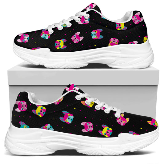 Colorful French Bulldog Print White Chunky Shoes