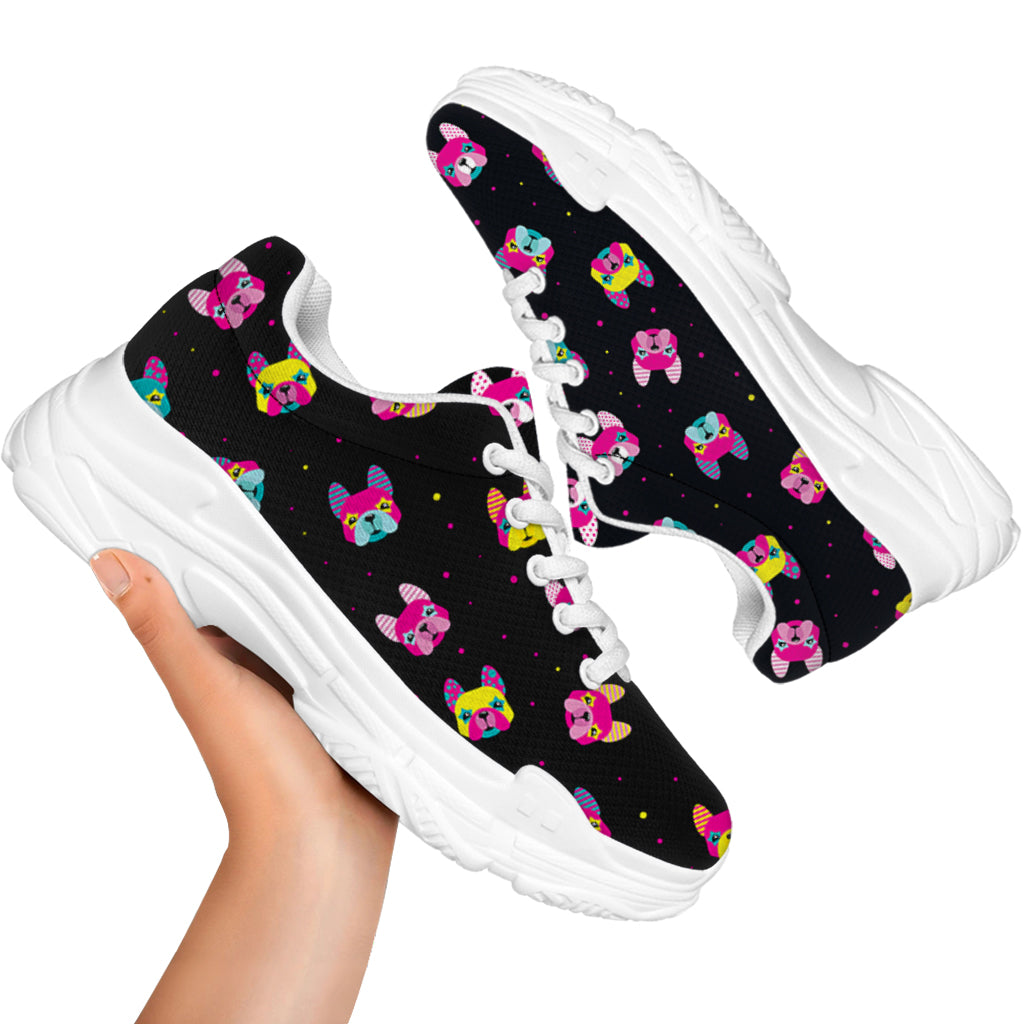 Colorful French Bulldog Print White Chunky Shoes