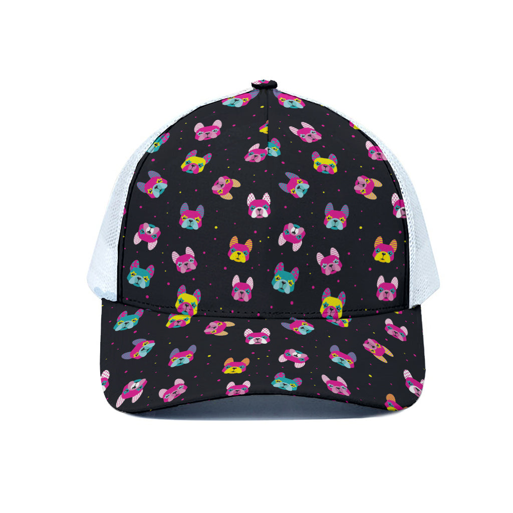 Colorful French Bulldog Print White Mesh Trucker Cap