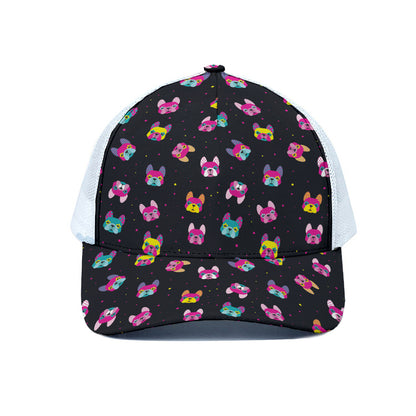 Colorful French Bulldog Print White Mesh Trucker Cap