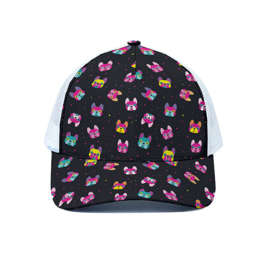 Colorful French Bulldog Print White Mesh Trucker Cap