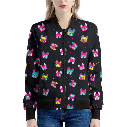 Colorful French Bulldog Print Women's Bomber Jacket