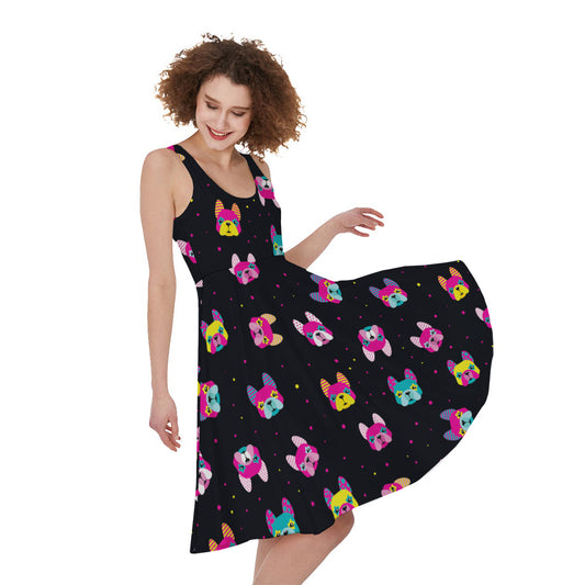 Colorful French Bulldog Print Women's Sleeveless Dress