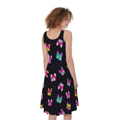 Colorful French Bulldog Print Women's Sleeveless Dress