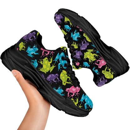 Colorful Frog Pattern Print Black Chunky Shoes