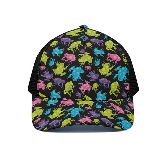 Colorful Frog Pattern Print Black Mesh Trucker Cap