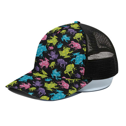 Colorful Frog Pattern Print Black Mesh Trucker Cap
