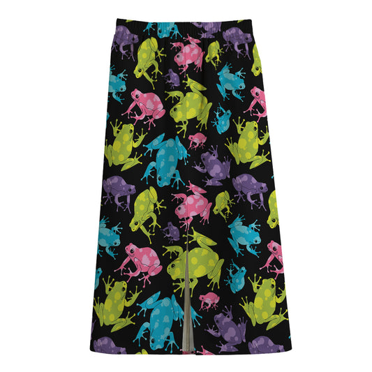 Colorful Frog Pattern Print Cotton Front Slit Maxi Skirt