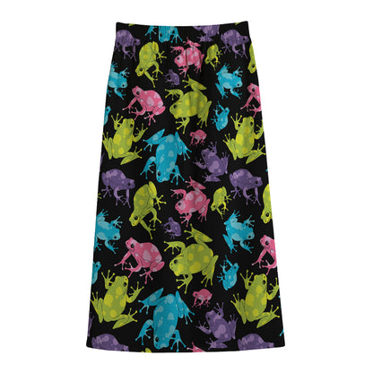 Colorful Frog Pattern Print Cotton Front Slit Maxi Skirt
