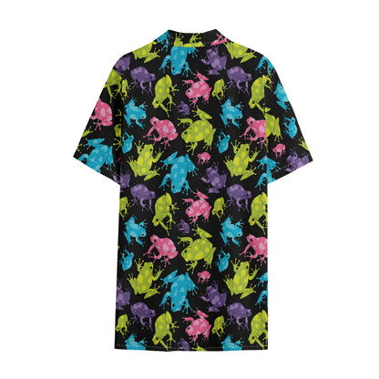 Colorful Frog Pattern Print Cotton Hawaiian Shirt
