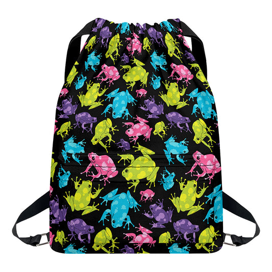 Colorful Frog Pattern Print Drawstring Backpack