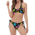 Colorful Frog Pattern Print Halter Scoop Tie Side Bikini