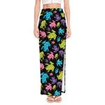 Colorful Frog Pattern Print High Slit Maxi Skirt