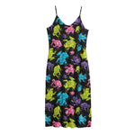 Colorful Frog Pattern Print Jersey Midi Cami Dress