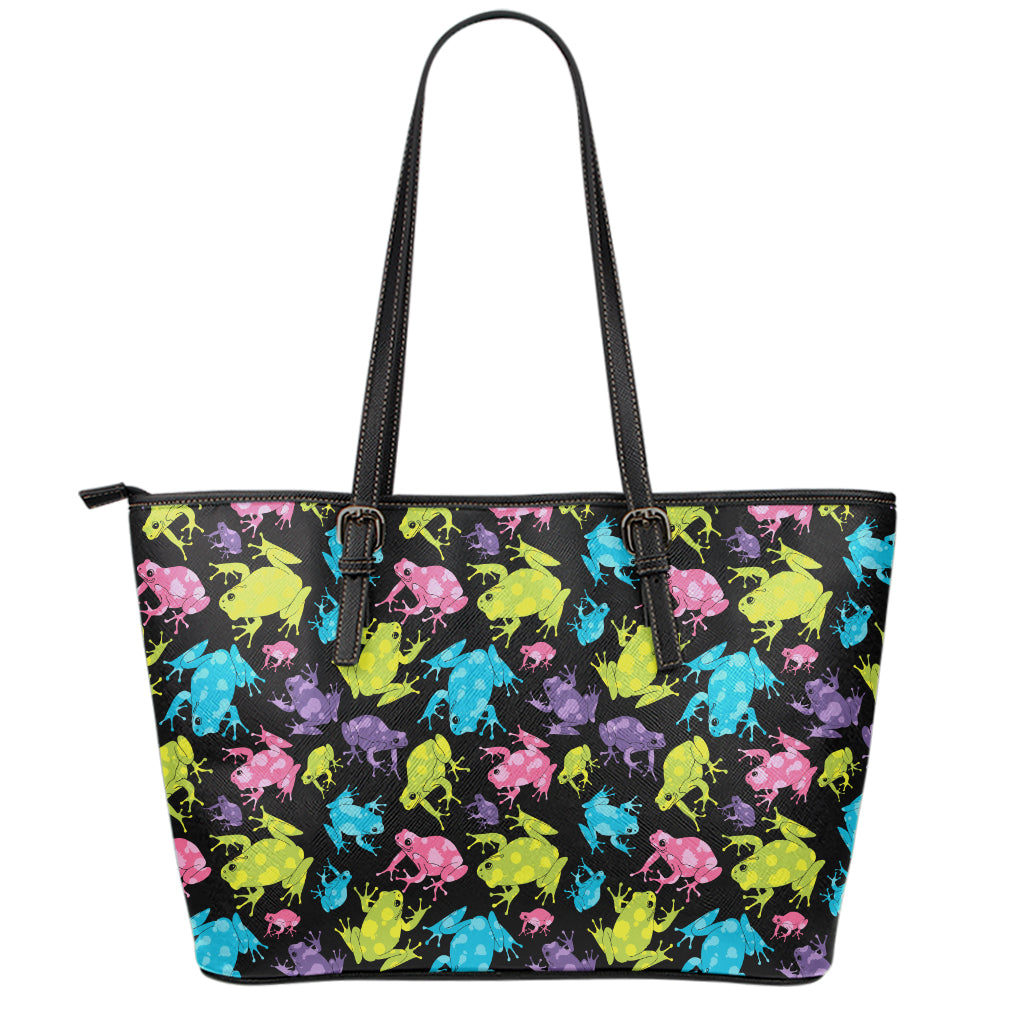 Colorful Frog Pattern Print Leather Tote Bag