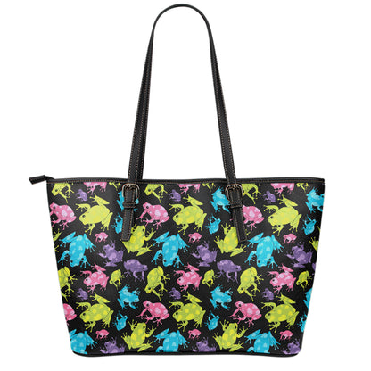 Colorful Frog Pattern Print Leather Tote Bag