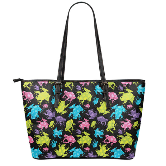 Colorful Frog Pattern Print Leather Tote Bag