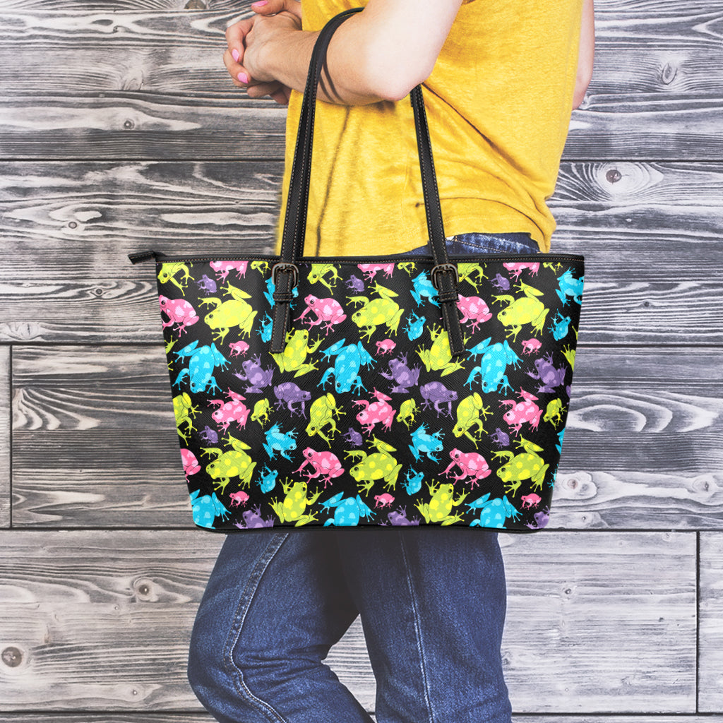 Colorful Frog Pattern Print Leather Tote Bag