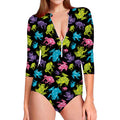 Colorful Frog Pattern Print Long Sleeve Swimsuit