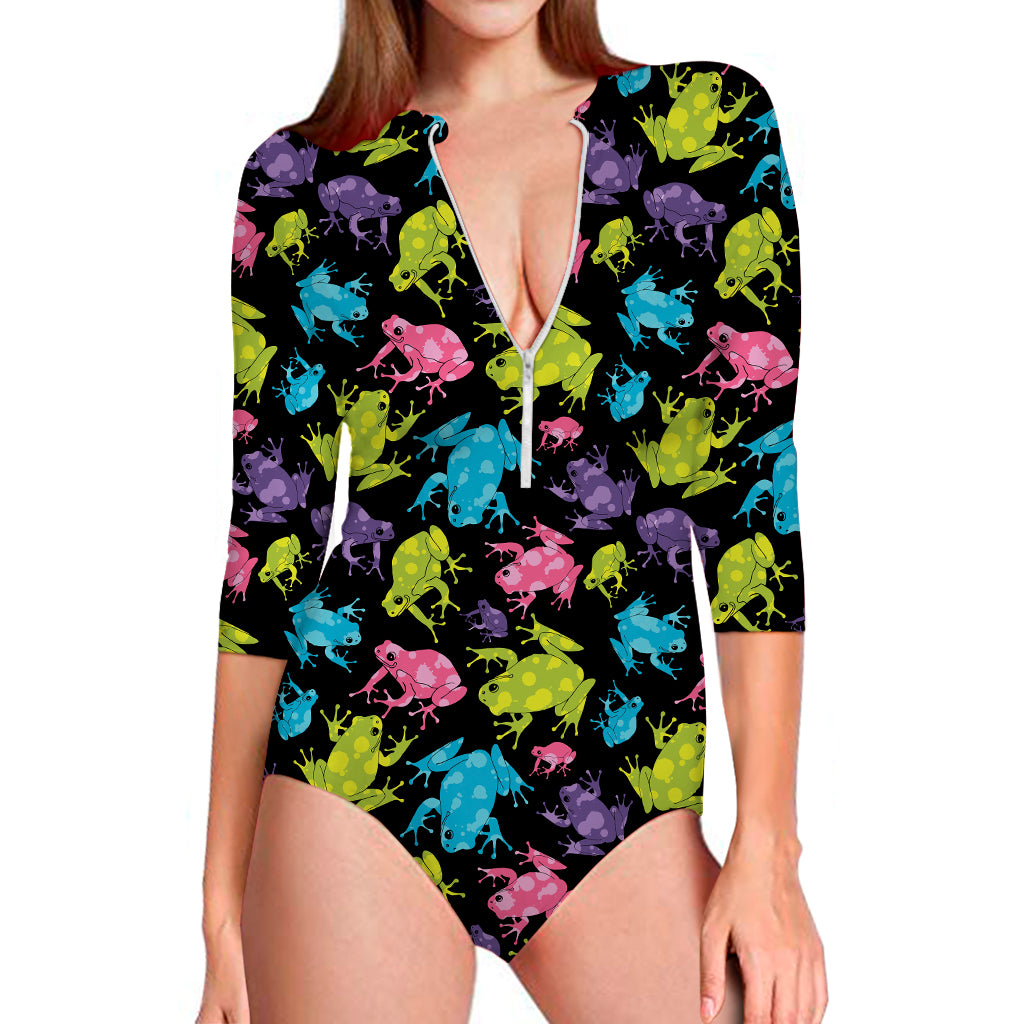 Colorful Frog Pattern Print Long Sleeve Swimsuit