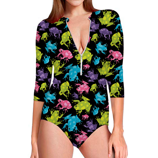 Colorful Frog Pattern Print Long Sleeve Swimsuit