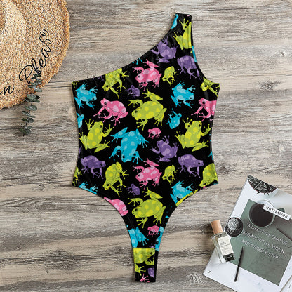 Colorful Frog Pattern Print One Shoulder Bodysuit