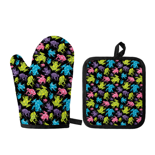 Colorful Frog Pattern Print Oven Mitt And Pot Holder Set
